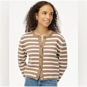 J. Crew Striped Cotton Lady Jacket - Ivory & Tan Taupe Stripe Knit Cardigan Sz S